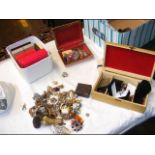 A box of costume jewellery, trinkets and wrist wat