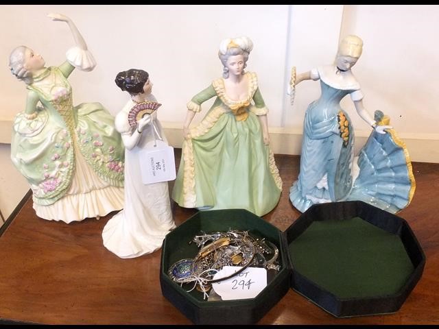 Four figurines together with costume jewellery