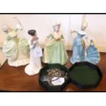 Four figurines together with costume jewellery