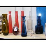 A cluster of mid-century style glass vases, etc.