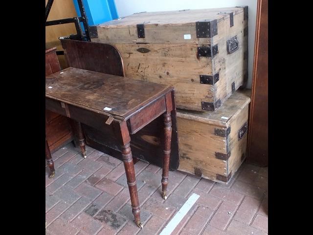 Two old pine blanket chests together with a drop l