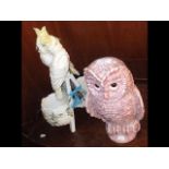 Ceramic parrot ornament together with pottery owl