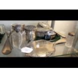 Silver backed dressing table set, scent bottles et