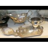 A silver cream jug, miniature tray, miniature trop