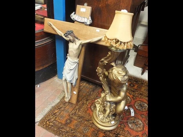 A gilt cherub table lamp together with plaster fig