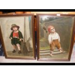 A pair of framed oil on boards depicting young chi