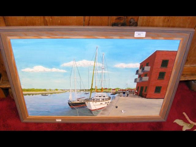 A framed mix media painting on board - 'Boats by t