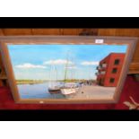 A framed mix media painting on board - 'Boats by t
