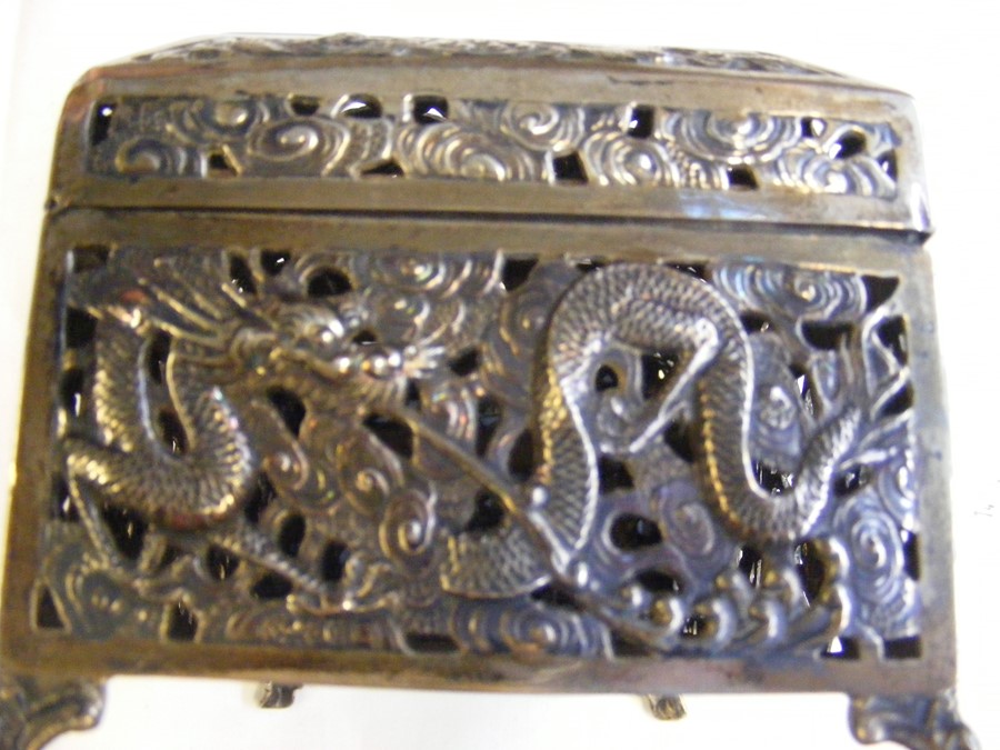 A pierced silver Oriental casket, the base marked - Image 10 of 13