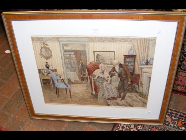 A coloured print of interior scene