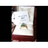 A ladies green baguette cut gemstone ring in 18ct