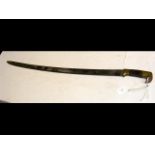 An antique curved sword with metal and wooden grip