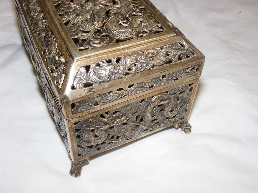 A pierced silver Oriental casket, the base marked - Image 5 of 13