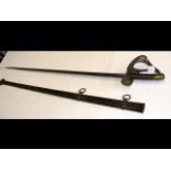 An antique military sword with metal scabbard and
