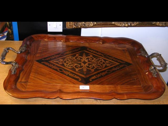 A Dutch kingwood two handled serving tray, the han