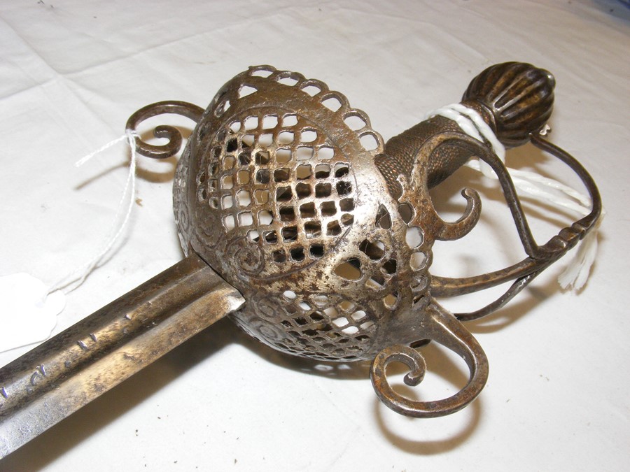 An early English rapier ? sword with pierced hand guard and wire gr - Image 4 of 8