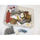 A box of old collectables including buttons, coina