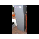 A grey gun cabinet - height 131cms, width 41cms