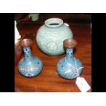 A pair of small turquoise cloisonne vases, togethe