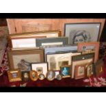 An assortment of framed pictures including miniatu