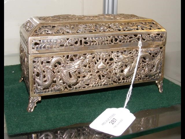 A pierced silver Oriental casket, the base marked