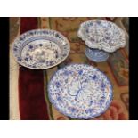 A Continental blue and red pottery bowl, plate and