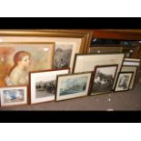 A medley of framed prints and photographs, many de