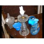 A blue crackleware oval vase, cut glass bowl and c