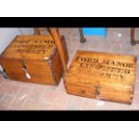 Two small pine storage boxes inscribed 'Ford Manor