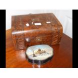 A Victorian walnut box with contents together with