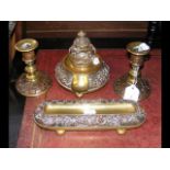 A brass and copper Victorian desk set comprising i
