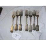 Seven Victorian silver dessert forks, London 1844