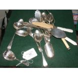 A silver caddy spoon, together with other flatware