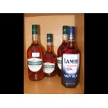 A bottle of Lamb's Navy rum together with 3 Three