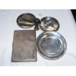 A silver cigarette case, caddy spoon etc