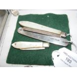 Two silver bladed and mother-of pearl fruit knife, e