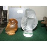 A Lalique frosted glass owl ornament with box, tog