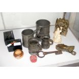 Various collectables, including old pewter tankard