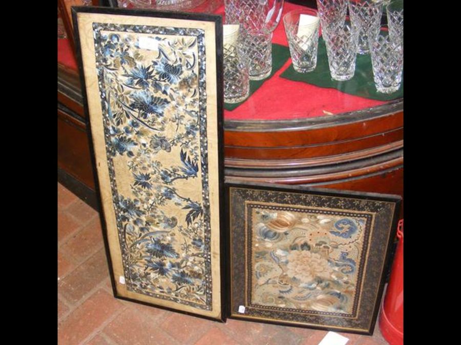 An Oriental embroidery panel and one other