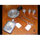 Snuff box, sugar tongs etc