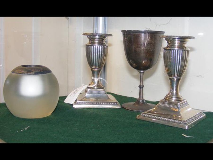 A pair of silver candlesticks, wine cup and vesta - Image 2 of 2