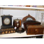 An aneroid wall barometer, cigar barrel, tea caddy