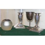 A pair of silver candlesticks, wine cup and vesta