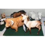 A Beswick Highland Bull, two Beswick horses, toget