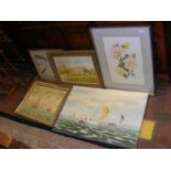 Assorted pictures including floral watercolour by