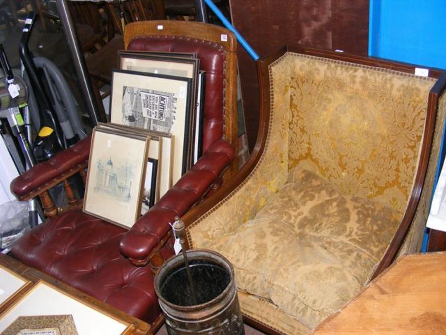 A Victorian button back armchair together with an