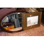 An oval wall mirror, together with a watercolour -