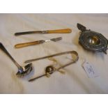 Silver sugar tongs, strainer, etc.