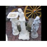 Two garden statues, garden bird bath, garden troug
