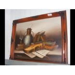 An oil on canvas of still life - violin and books